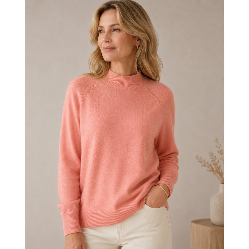 Pure Collection Cashmere Blend Mock Neck Sweater Coral Peach Relaxed Knit Large